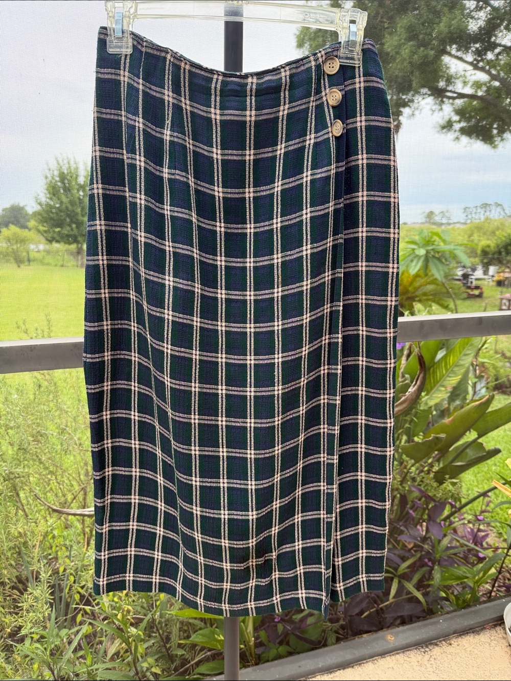 Talbots Navy and Cream Plaid Midi Skirt with Side Buttons